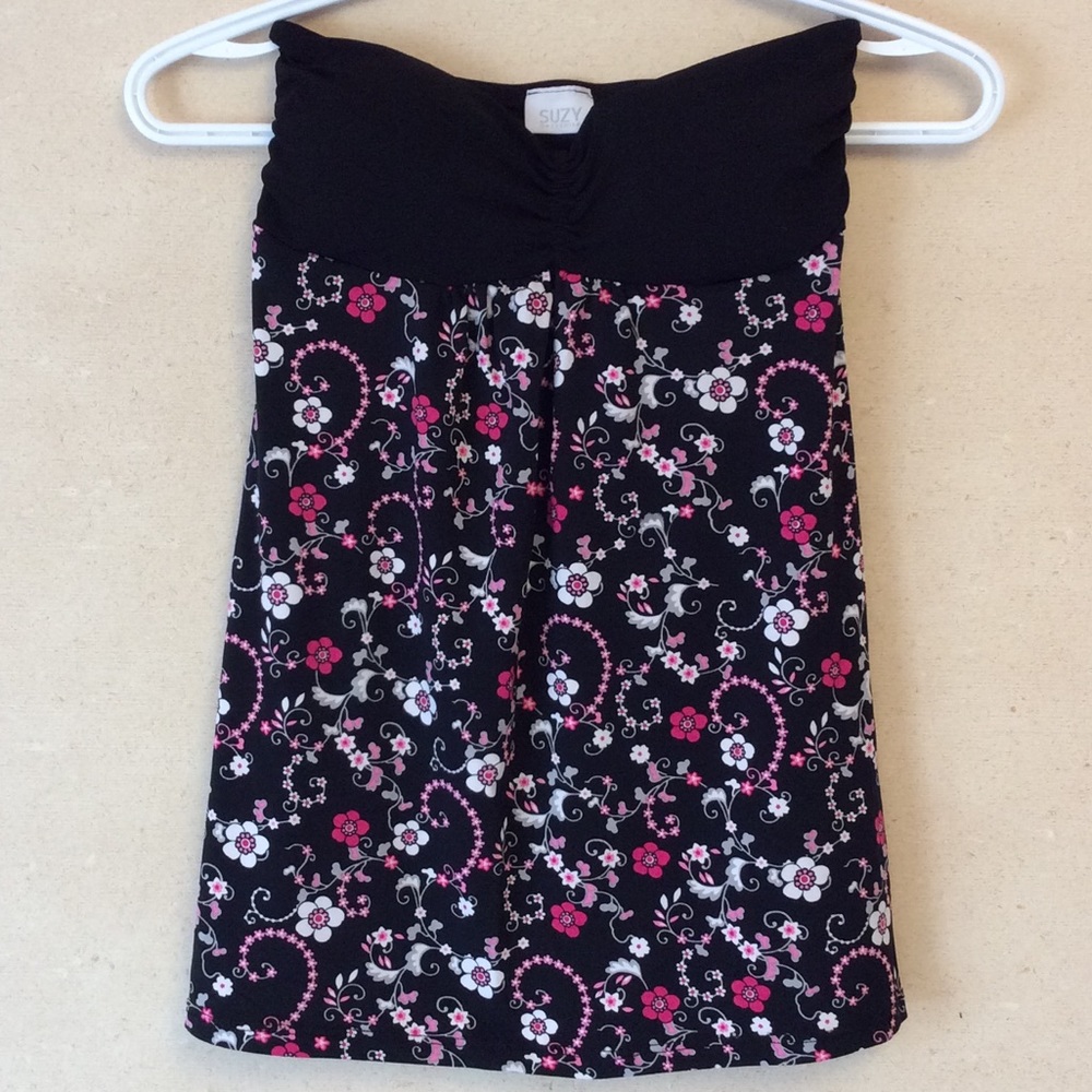 Vintage Black Floral Tube Top with Pink and White Accents